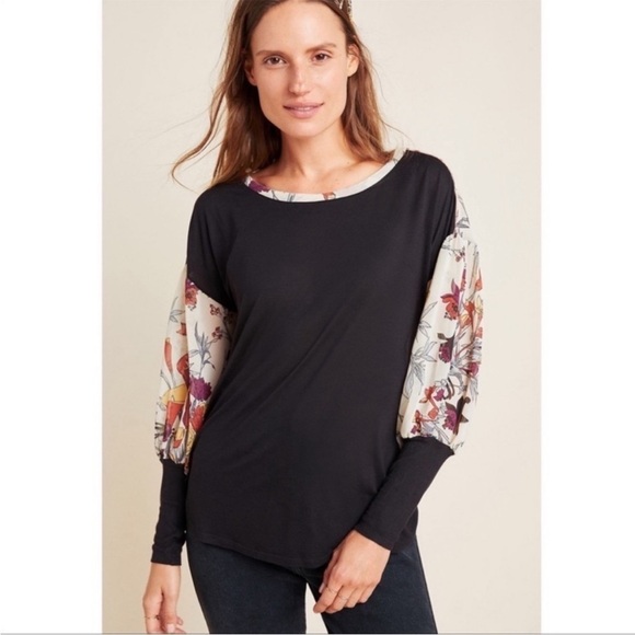 Anthropologie Tiny Raye Balloon Sleeve Mixed Media Blouse Black Size Small - Picture 1 of 16